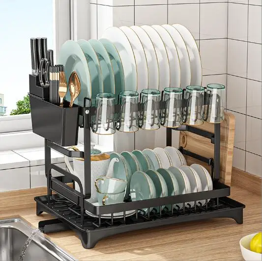 2 Tier Dish Drying Rack, Rustproof Kitchen Dish Drying Rack with Drainboard and Utensil Holder for Kitchen Counter