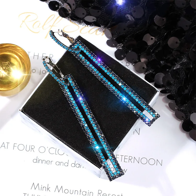  Fashion Long Geometric Drop Earrings Luxury Gold Silver Color Rectangle Rhinestone Hoop Earring For Women Party Jewelry