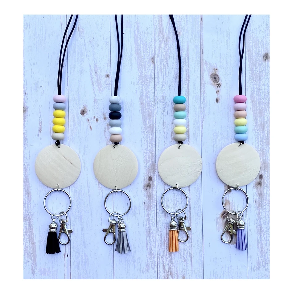 Work card student  Silicone Beads Rainbow hanging rope wooden discs engraved logo necklace lanyard