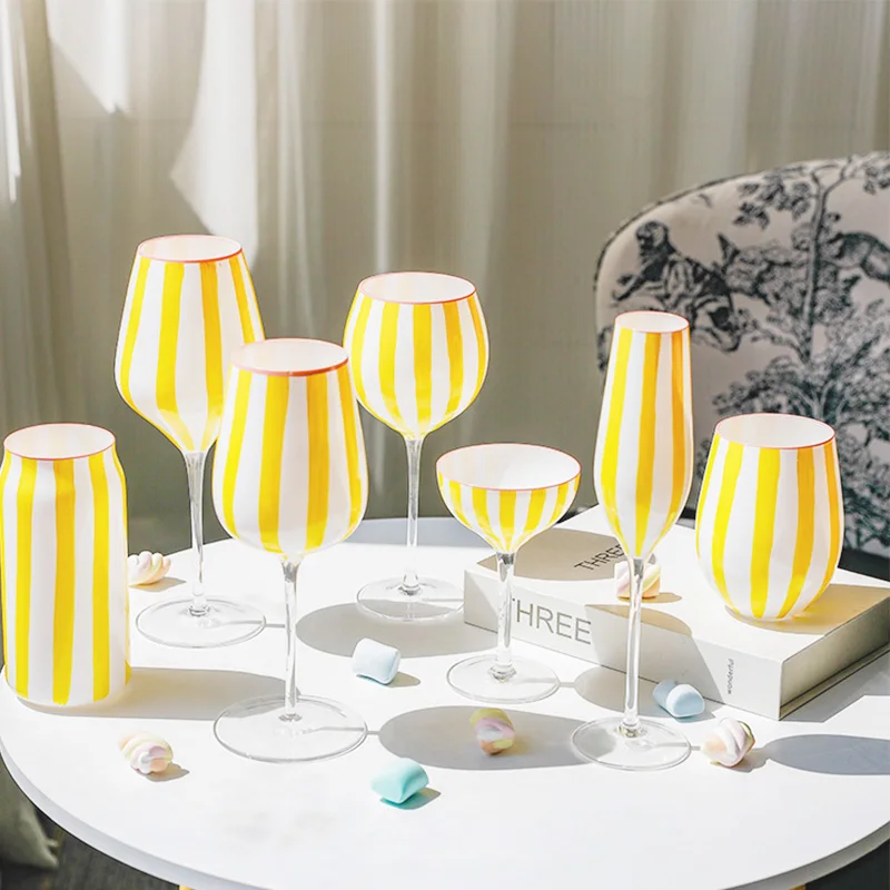 New Design Custom Handmade Crystal Hand Painted Stripes Creative Unique Coloured Wine Glasses Set
