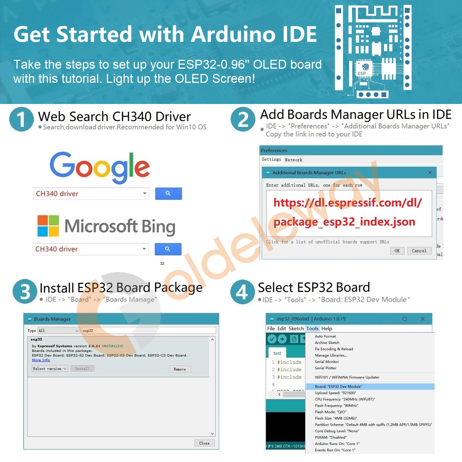 ESP32 Development Board 0.96 Inch OLED Display CH340 WiFi BLE Wireless Module Micro USB ESP32 For Arduino Micropython Kit