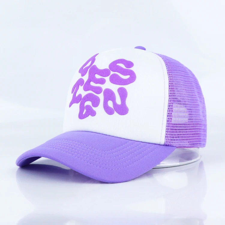 Qianzun y2k purple custom 5 panel trucker cap two tone puff print mesh foam puff paint trucker hat
