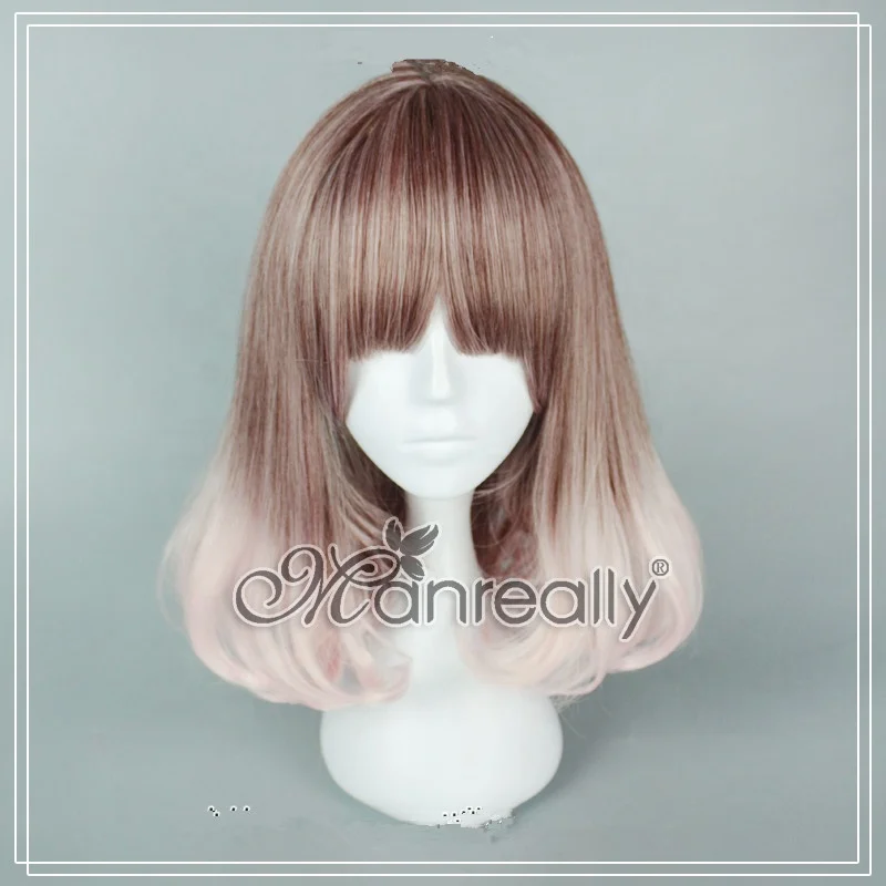 High Quality 45cm Short Pink Mixed Lolita Wig Synthetic Anime Cosplay Party Women Hair Heat Resistance Wig