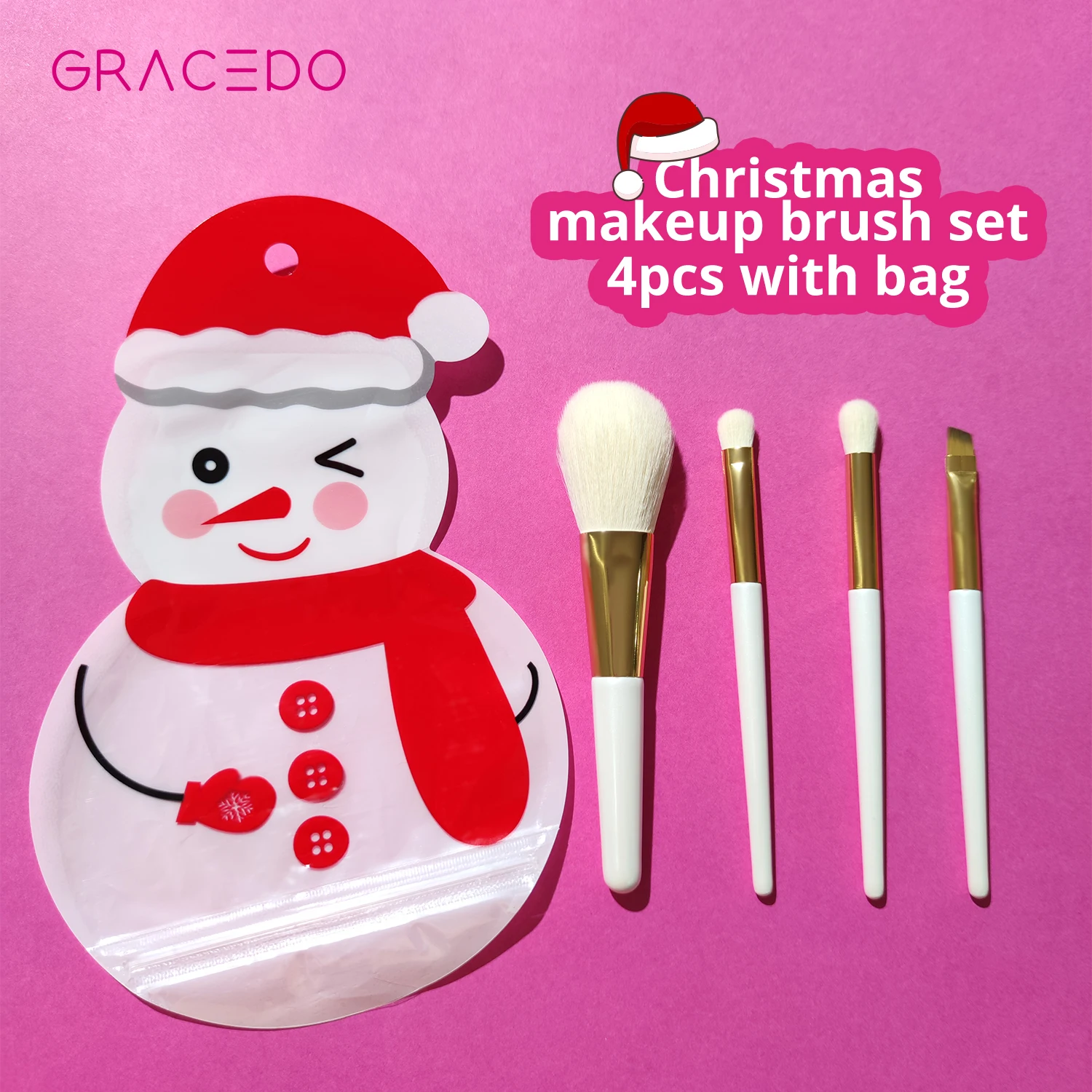 GRACEDO High Quality 4pcs Christmas Gifts Cosmetic Cute Vegan Soft Eye Face Make Up Makeup Brush Set With OPP Snowman Bag