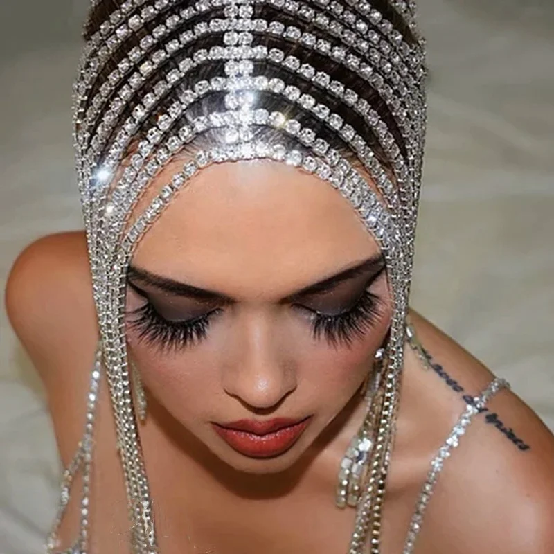 SHIHAN Big Rhinestone Hermosa Crystal Head Drip Diamond Headband Long Tassel Hair Chain Wedding Women Hair Accessories
