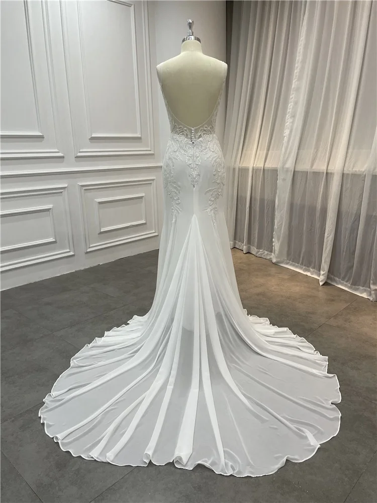 Women Mermaid Sleeveless Chiffon Lace Beaded Plunging V Neck Real Wedding Dress