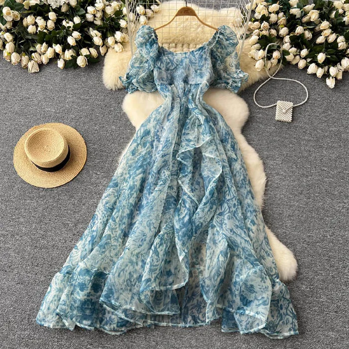 LY8104  New 2024 Korean Chic Blue Floral Organza square neck bubble sleeve dress fairy ruffles edge vacation dresses clothing 7