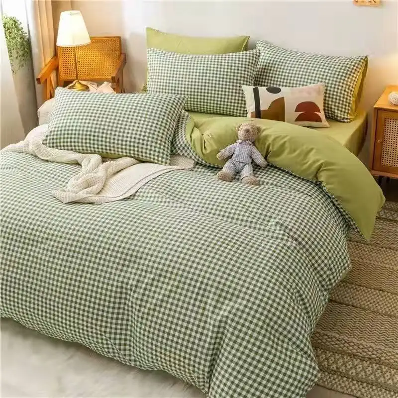 Queen Size Flat Sheet Classic Grid Double Bed Linens Quilt Duvet Cover Pillowcase Fashion Bedding Set