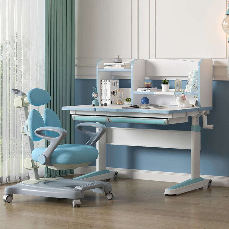 
Wood Adjustable Height Kids Study Desk with Chair Drafting Table Computer Station Built-in Bookshelf Hutch Multi Function 