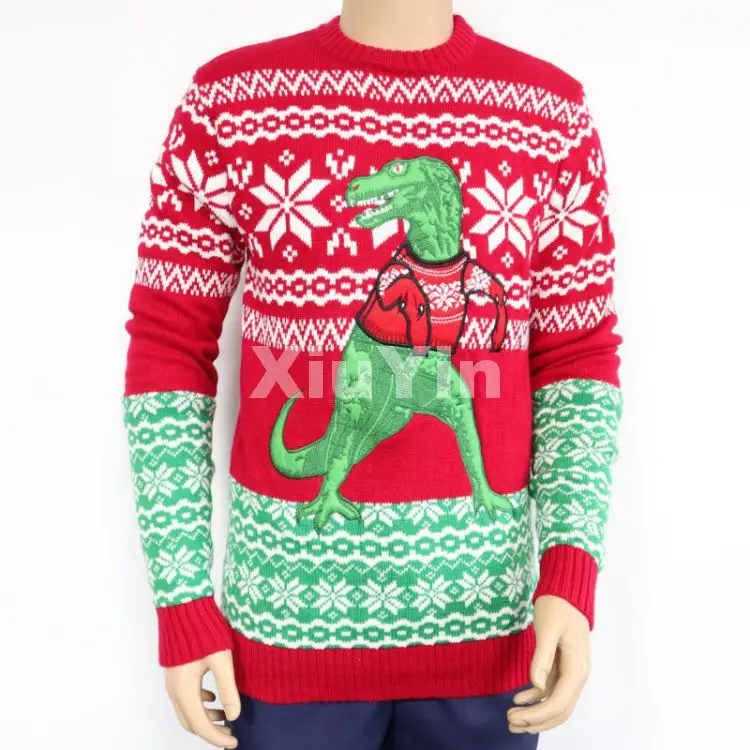 Red Ugly Christmas sweater with embroidered Dinosaur and winter thick knit sweater for Christmas gift