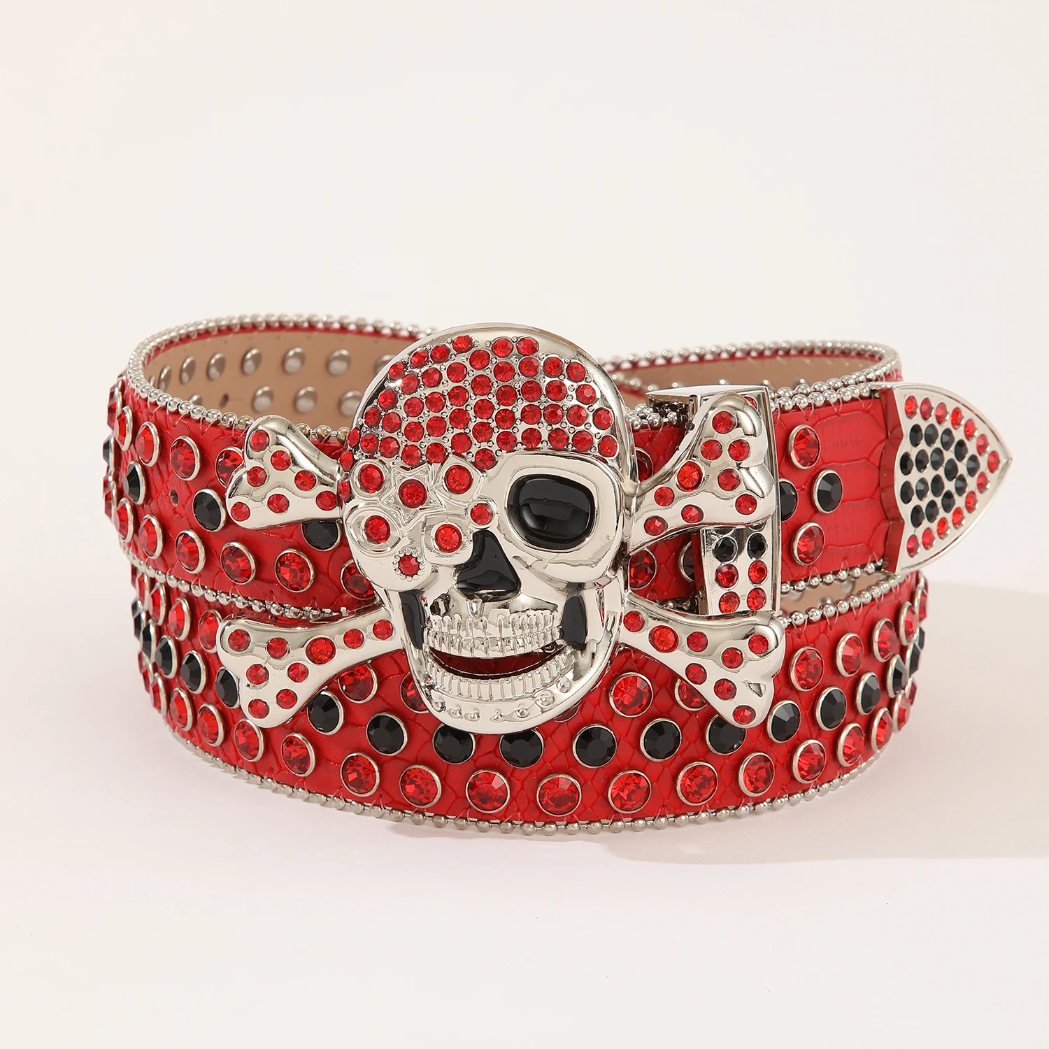 Luxury Western Cowboy Studded Rhinestone Red Rockstar Removable Skull Buckle Cheap PU Leather Bling Bling Rhinestone Belt Men