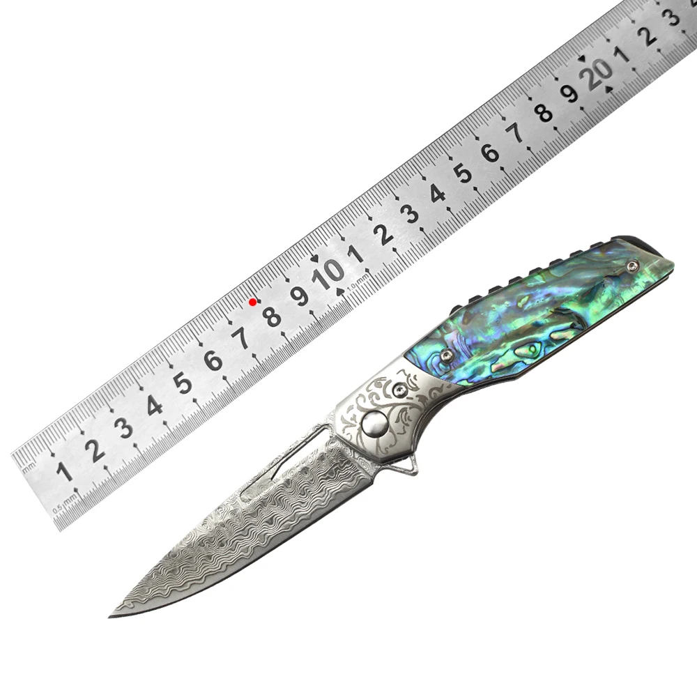 Best selling product custom Survival Knife Damascus Blades Blade & Abalone hell resin Handle Ball bearing folding knife