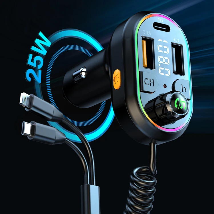 Handsfree Car Kit FM Transmitter 25W PD Fast Charge U Disk Wireless Audio Receiver Car MP3 Player wtih Expansion Cable