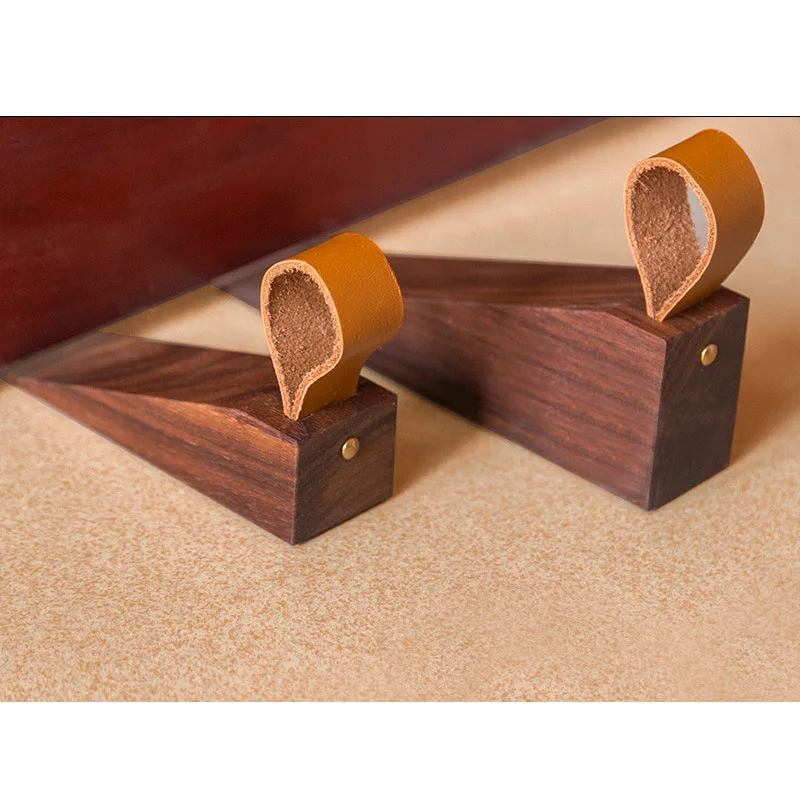 Solid Wood Door Stopper Non-Slip Door Stops Baby Safety Leather Rope Wedge Anti-collision Gate Decor Wood Door Holder