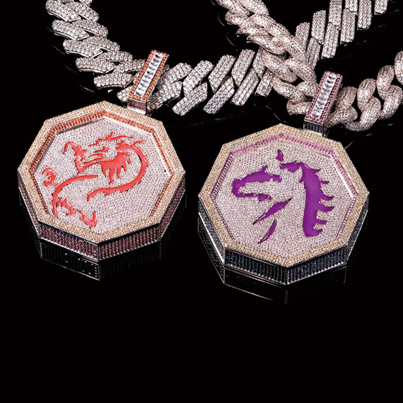 Iced Out Bling CZ Lab Diamond Disc Pendant Jewelry Custom Charm Zodiac Signs Enamel Disk Pendant Necklace