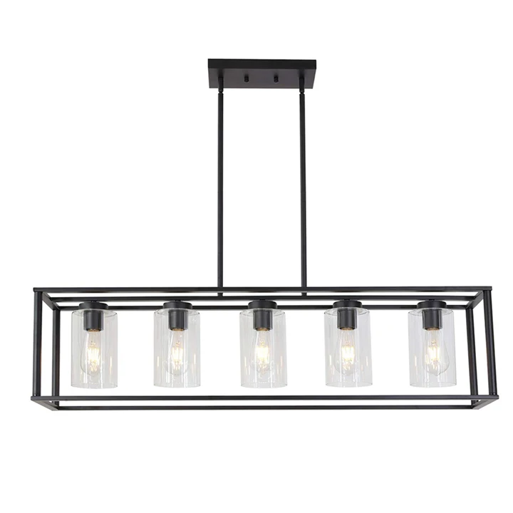 Metal Frame Rectangle Cage Clear Glass Modern Large Lantern Pendant Lighting Chandelier for Indoor Lamps