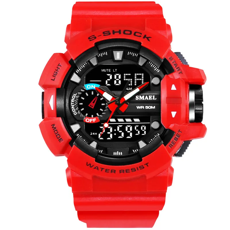 
Smael 1436 new fashion sport military cool red digital&quartz 5ATM water resistant plastic unisex wrist watches with PU strap 