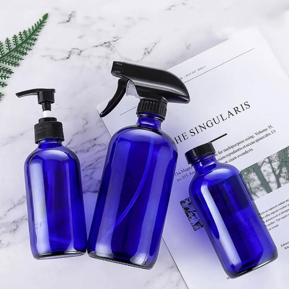 Customized Capacity Thick Glass Bottle 300 Ml 500 Ml 1000 Ml  Boston Round Amber Brown Glass Brown Spray Bottles