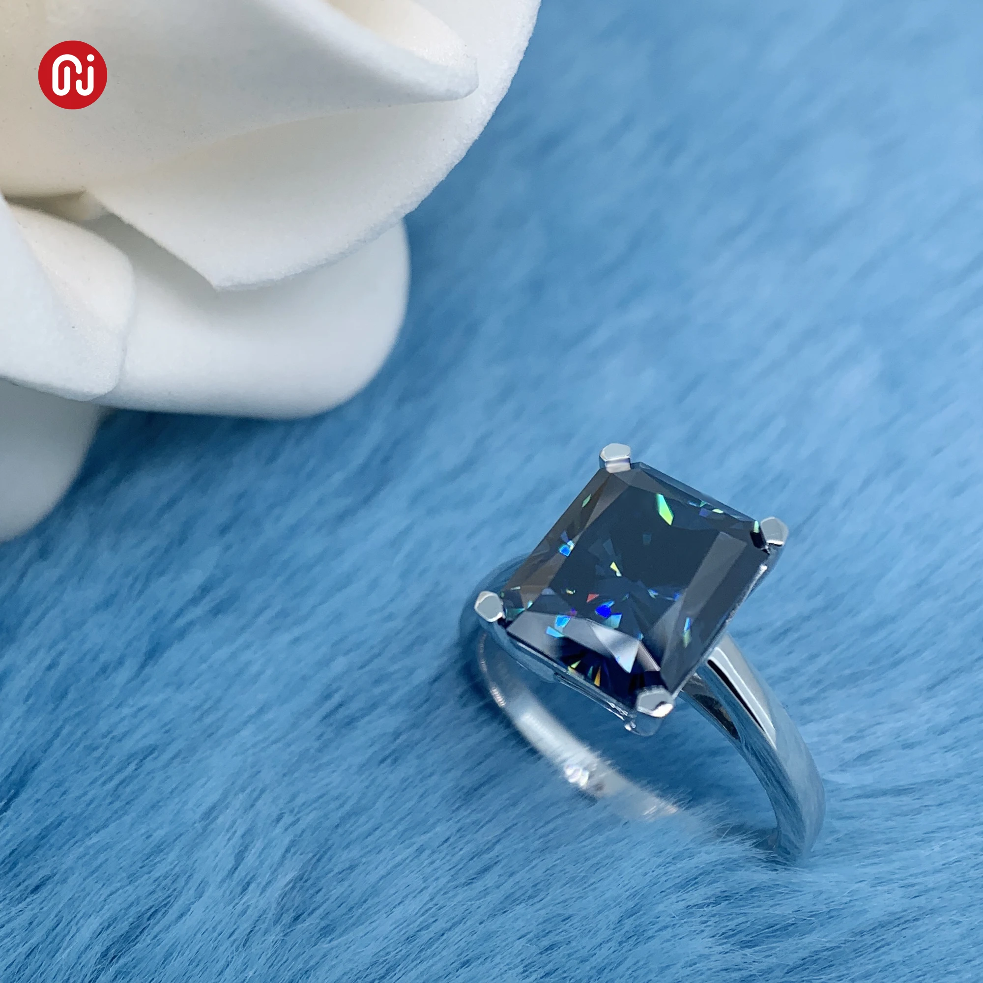 GIGAJEWE total 4.0ct  8x10mm Dark blue color  Emerald Cut Ring  9K/14K/18K White Gold , Moissanite Ring for women Gift