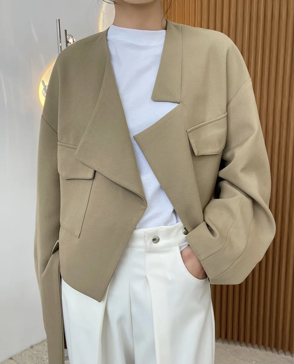 Women Coat Asymmetry Bandage Short Khaki Black Coats And Jackets Women Irregular All Match Loose Casual Coat Top