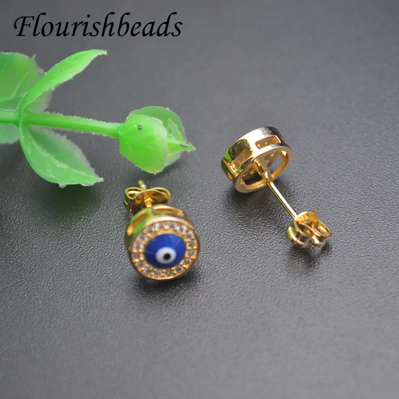 Hot Sale Anti-fading Blue Enamel CZ Paved Round Eyes Shape Stud Earring for Women Men Jewelry Wedding Birthday Party Gifts