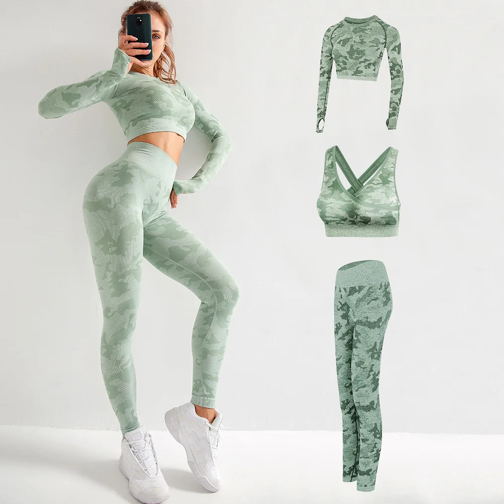 3PCS Sport Suit Fitness Clothing Seamless Camouflage Sports Wear For Women Gym Camo Booty Leggings + Bra Gym Workout Yoga Set