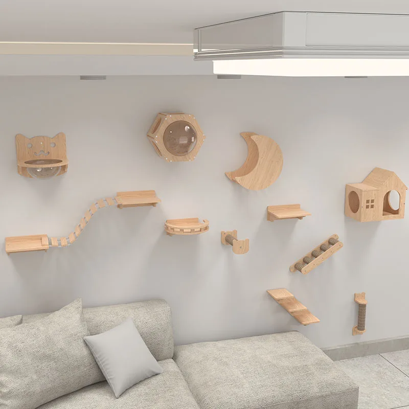 Wholesale cat tree cat springboard luxurious wood tree house natural furniture make tree wall mounted hut
