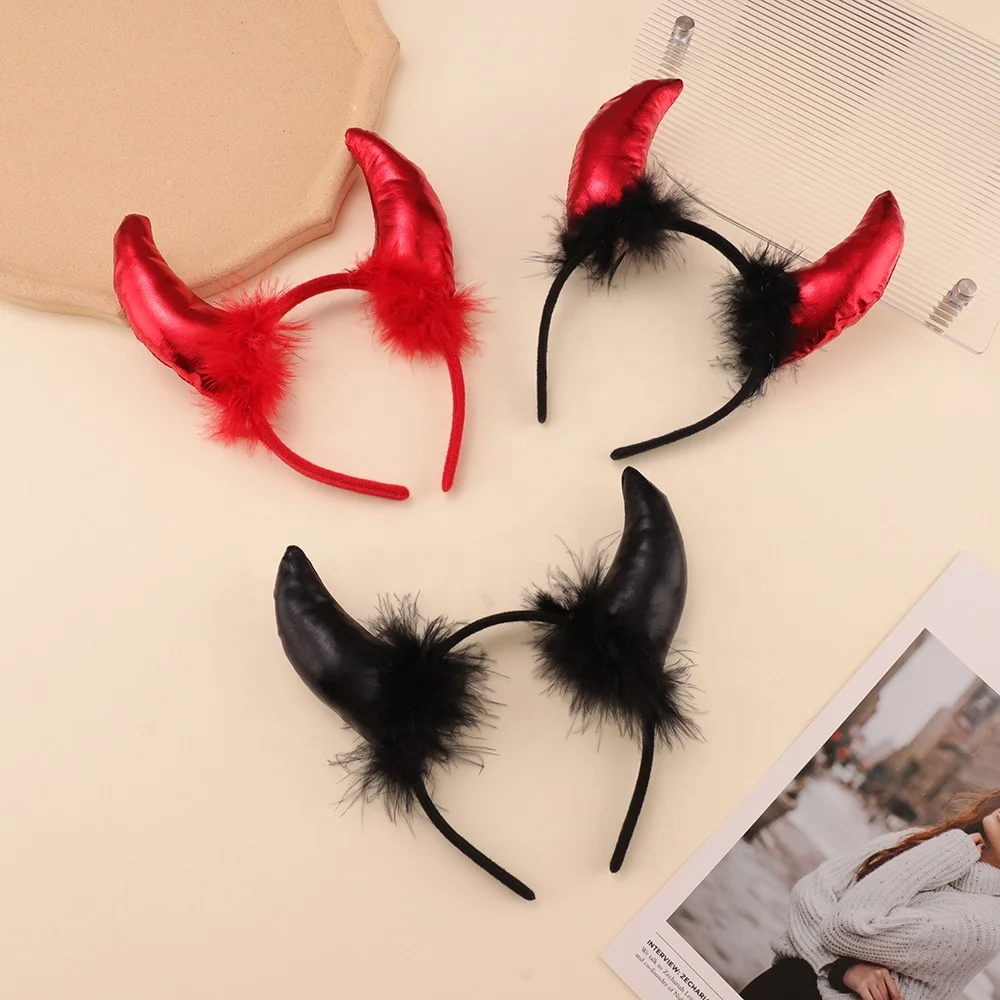 In stock Halloween Devil Horns Furry Headband Devil Costume Accessory for Women Girl Cosplay Party Headband