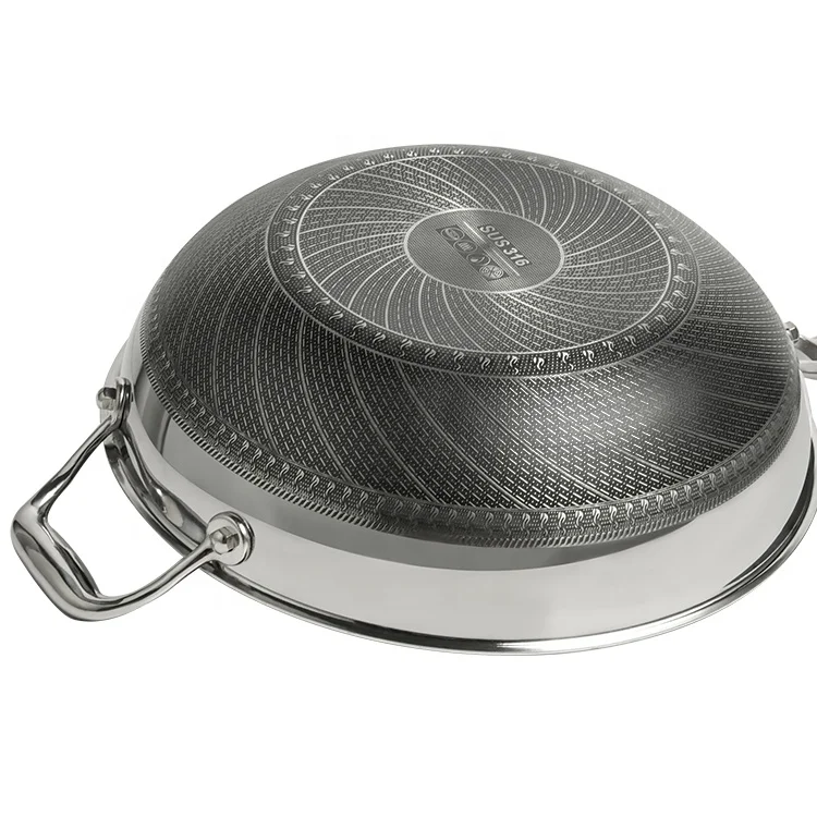 Hot Sale 316 chinese stainless steel honeycomb non stick gas cooker wok pan with lid