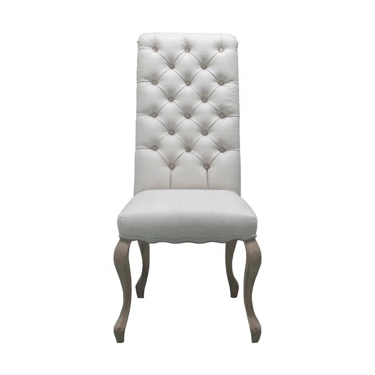 French Style Linen Button Tufted Oak Wood Dining Chair P0070-1