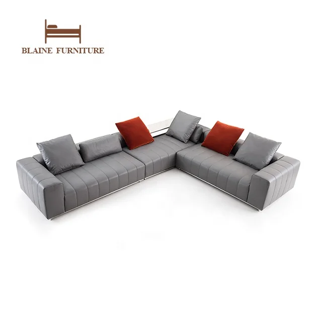 Modern Italian Style Minimalist Furniture Big L Shape Saddle Leather Metal Feet Sectional Corner Sofa Set Reception Office Sofa
