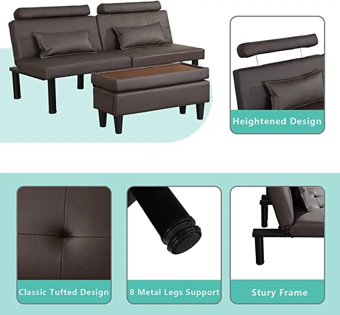 Futon Sofa Bed Tufted Loveseat Futon Couch with Ottoman/Coffee Table, Convertible Folding Recliner Sleeper