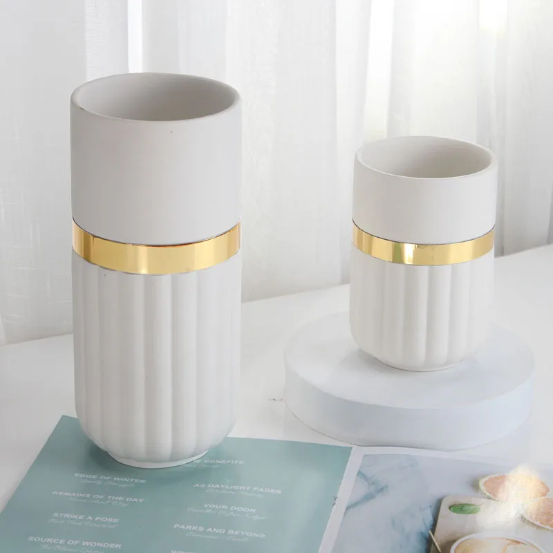 European Style Modern Tabletop White Gold Luxury Cylinder Ceramic Flower Vase for Home Decor