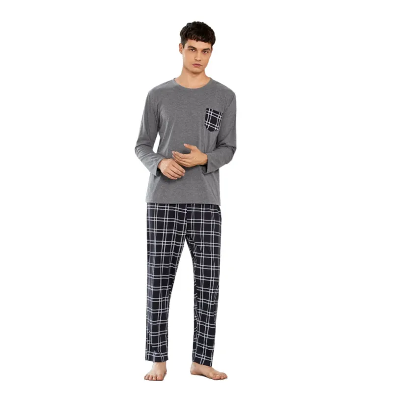 Wholesale  Loungewear Plaid Pants And Solid Tops Pajama Sets Knit Breathable Pyjama Cotton Men Pjs