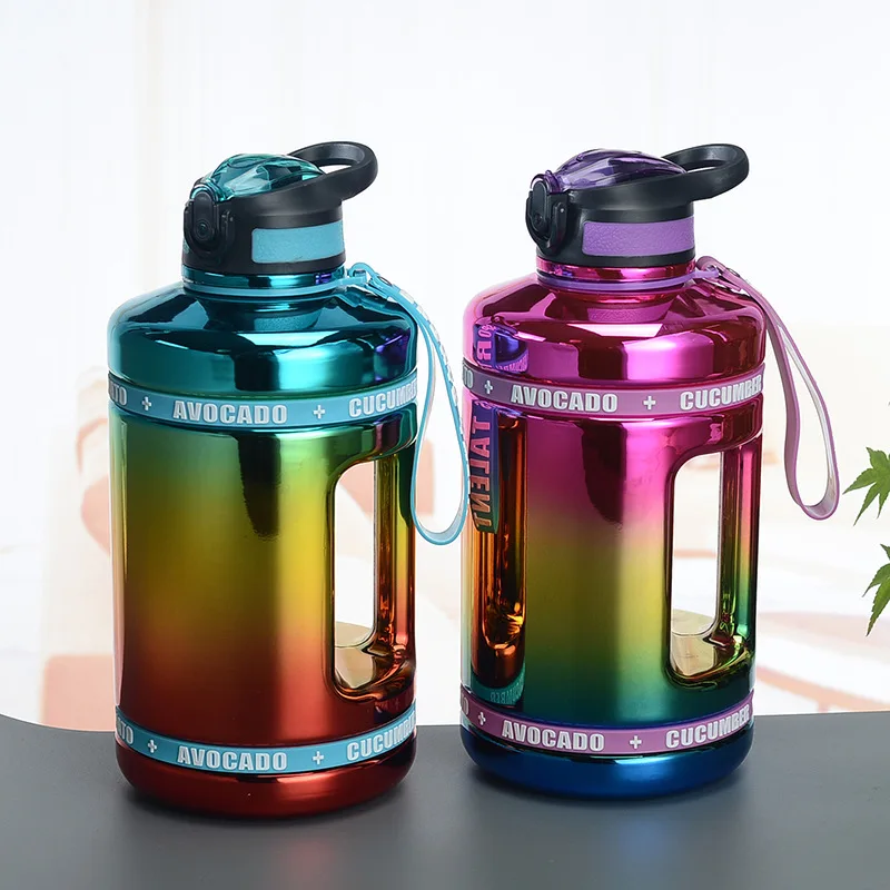 New Arrival Dazzling 2200ml  Large Capacity Double Wall Gym Sports Plastic Water Bottle With Straw And Handle