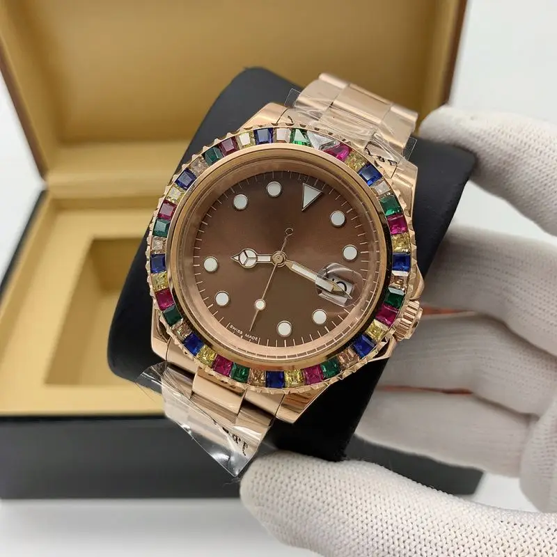 ROL Colored crystal loop bezel milk chocolate dial fashion unisex mechanical watch