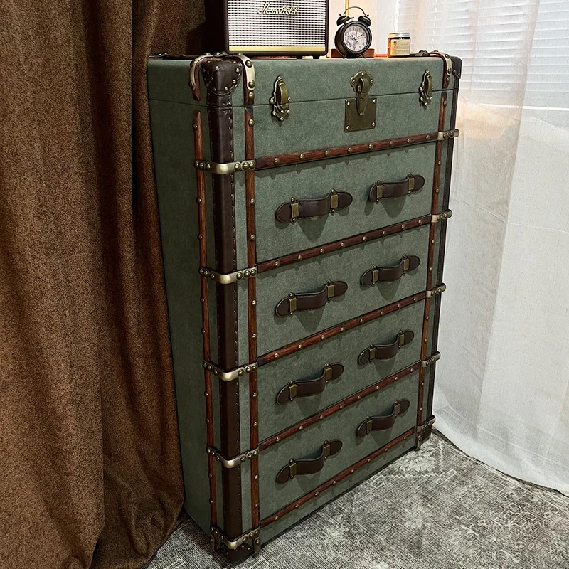 American Retro Style Leather Box High Bucket Cabinet Living Room Middle Ancient Entrance Cabinet Designer Storage Cabinet