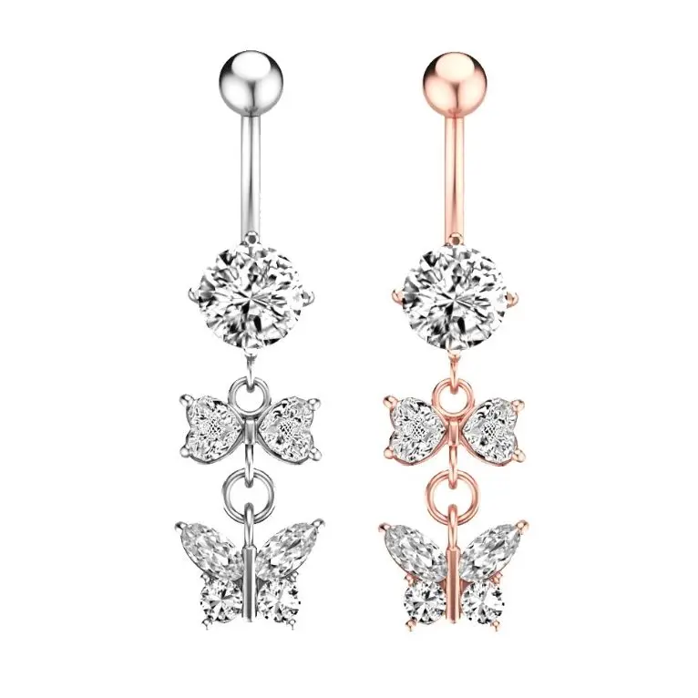 Hot Selling Butterfly Navel Piercing Zircons Belly Rings Brass Belly Button Ring Navel Dangle