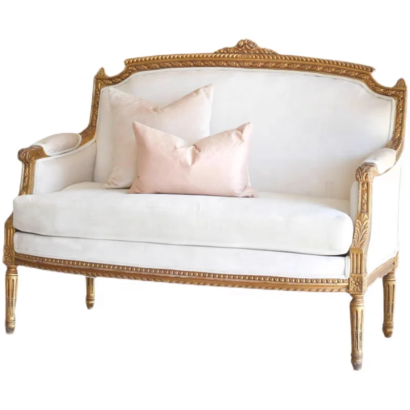 French style gold retro distressed solid wood carved double sofa chair hotel coffee shop seat