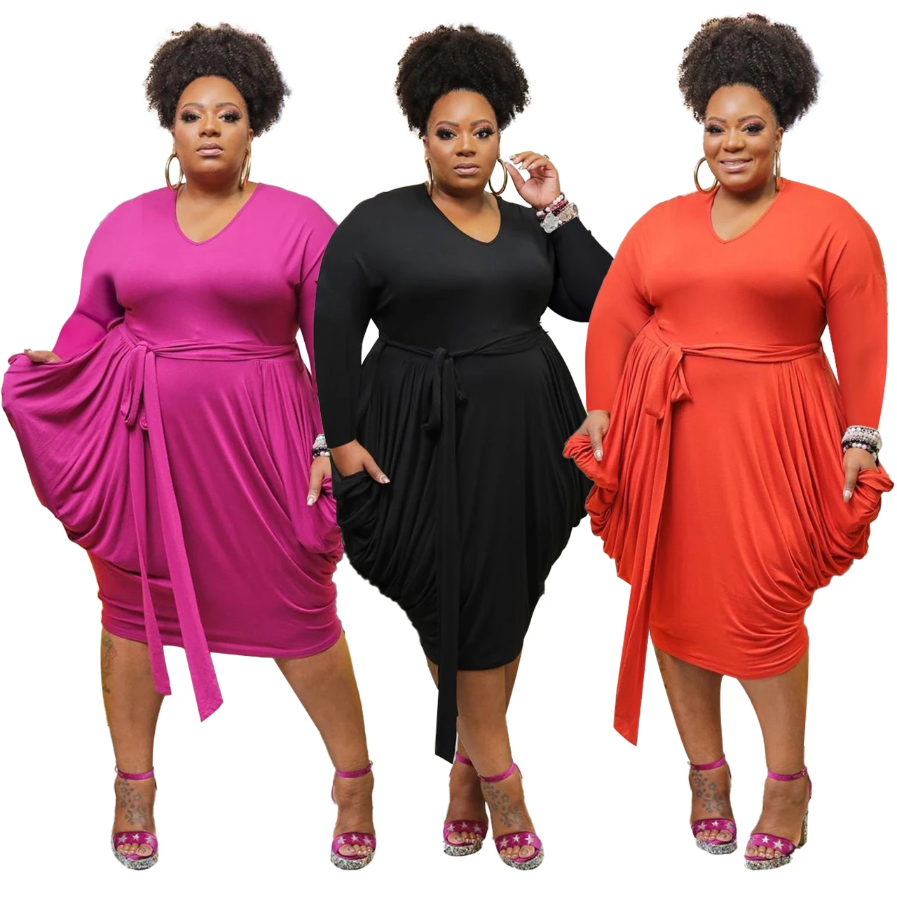 
Factory Direct Sales American Style Ladies Plus Size Round Neck Women Clothing Plus Size Lantern Dress & Skirts with Belt 