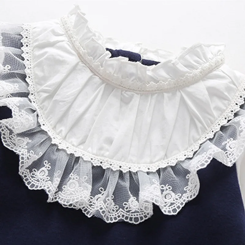 Autumn New Girls School Clothing Dress Baby Casual Dress Kids  Blue White Patchwork Clothes Children Long Sleeve lace Dress