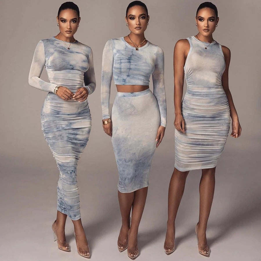 Women Fashion Clothing Summer Tie Dye Ruched Midi Dress Long Sleeve Casual Dresses Club Wear