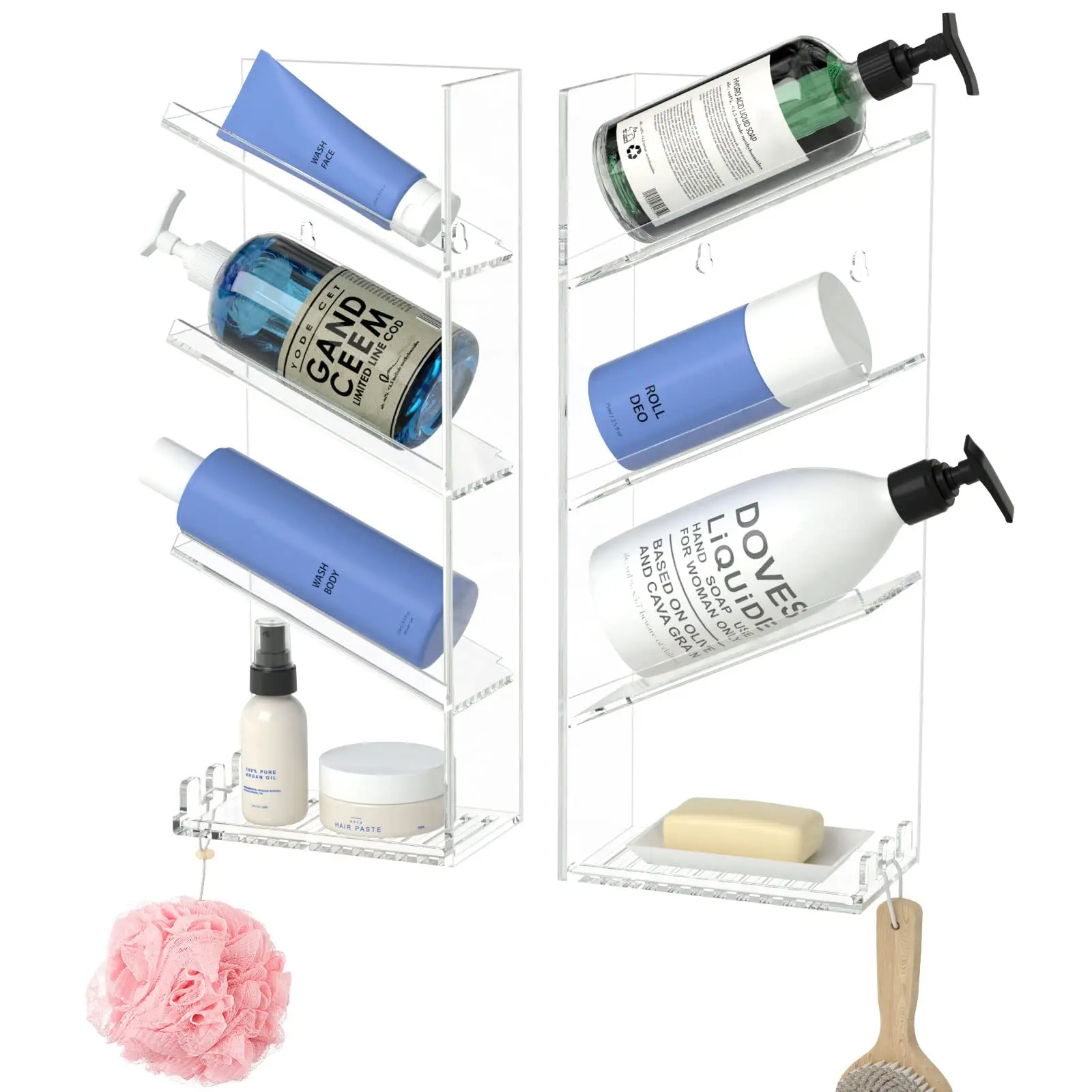 Clear Acrylic Bathroom Organizer Shower Caddy, No Drilling Adhesive Shampoo Holder Organizer Shelf Wall Mounted With Hooks
