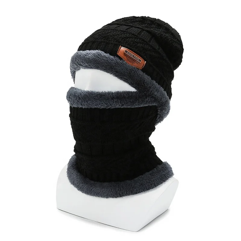 Factory Wholesale Winter Knitted Hat And Scarf Set Fleece Lining Slouchy Beanie Bonnet With SONG TING Leather Patch