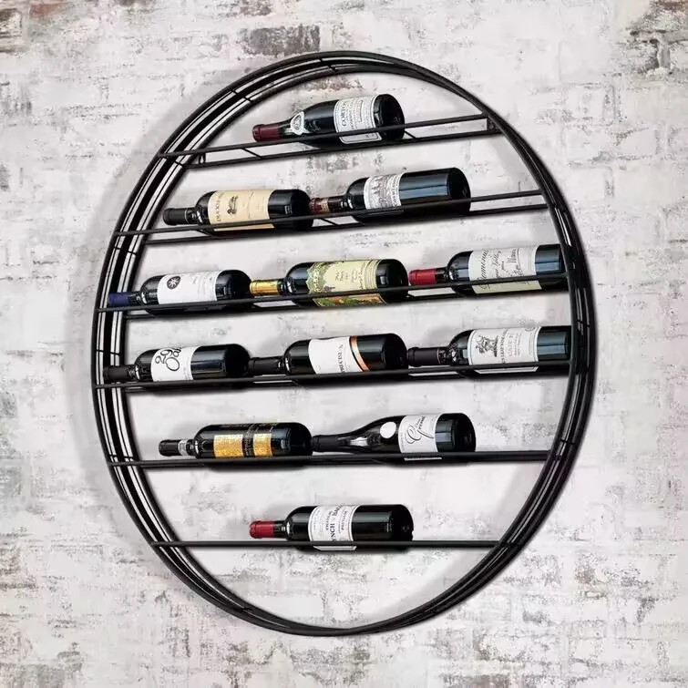 12 Bottles Wall Mounted Wine Bottle Rack Wine Bottle Holder Premium Quality Metal Iron Round Wall Art Black Carton Minimalist