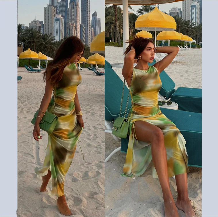 ZHEZHE Summer Latest High Quality Sleeveless Tank Top Tie Dyed Print Ruched Slit Long Maxi Dress Mesh Beach Dresses