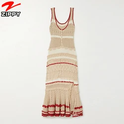 Fashion Custom Lady Sleeveless Striped Pointelle-Knit Stretch-Cotton Mermaid Side Slit Design Women Casual Midi Dress