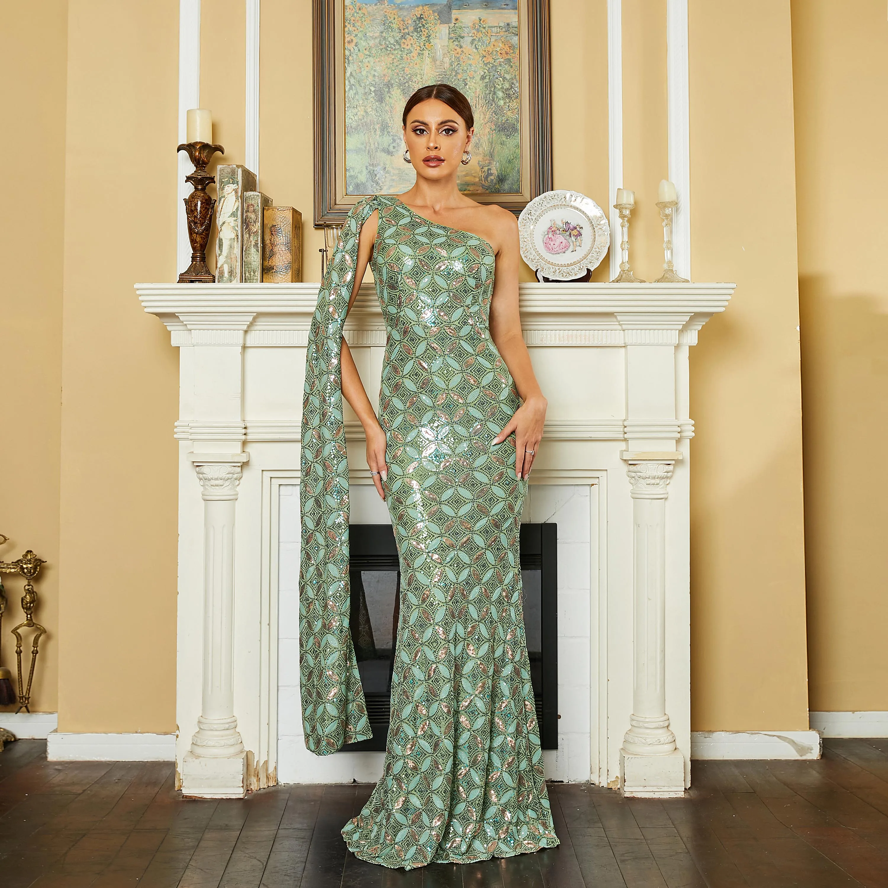 One Shoulder Draped Sequin Formal Dress Sage Green Wedding Gown Cocktail Dresses Party Dresses