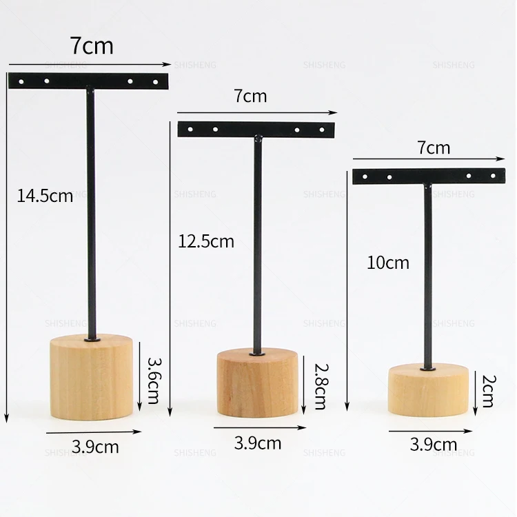 SHI SHENG Metal 3 Pcs T Bar Earring Display Stand with Wooden Base Jewelry Holders Hanging for Store Retail Photography Props