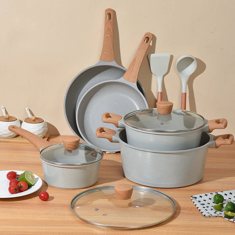 Die-Cast Set Kitchen Healthy Stone Cookware Set Frying Pan Wok Soup Pot Milk Pot Holiday Gift Cookware Set for Induction Cooktop